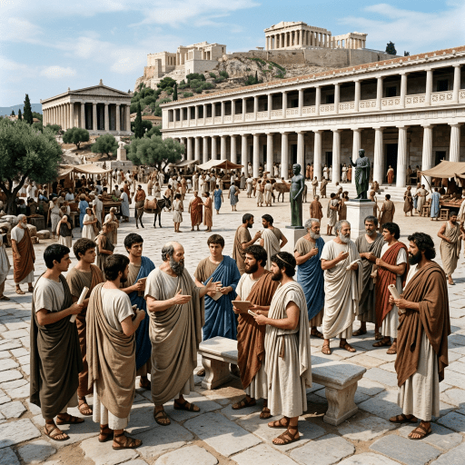 Ancient Athenians debating in a courtyard beneath the Acropolis