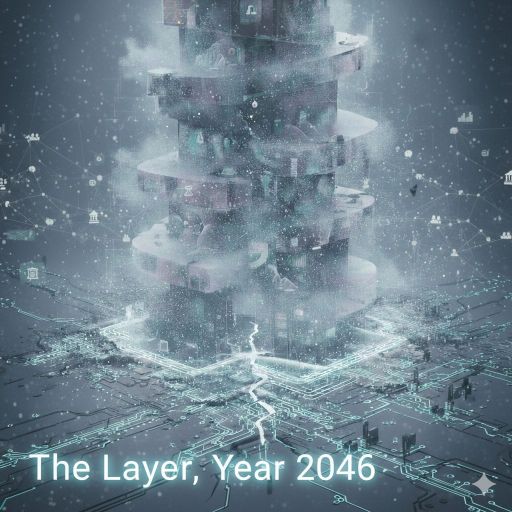 A haunting architectural metaphor for the year 2046, depicting "The Layer" as a towering, translucent stack of probabilistic logic that has replaced the rigid certainty of the compiler age with a fluid, weather-like interface of constant drift and systemic uncertainty.