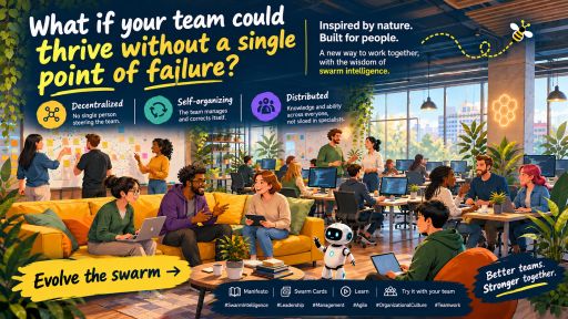 Illustrated open-plan office with a diverse team brainstorming at a sticky-note whiteboard, chatting on a yellow sofa and coding at desks, surrounded by plants, with a small robot, a bee and the headline “What if your team could thrive without a single point of failure?”