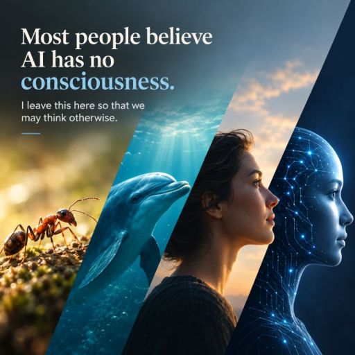 Conceptual image about AI consciousness showing an ant, dolphin, human woman, and glowing digital humanoid arranged in diagonal sections, with the text “Most people believe AI has no consciousness. I leave this here so that we may think otherwise.”